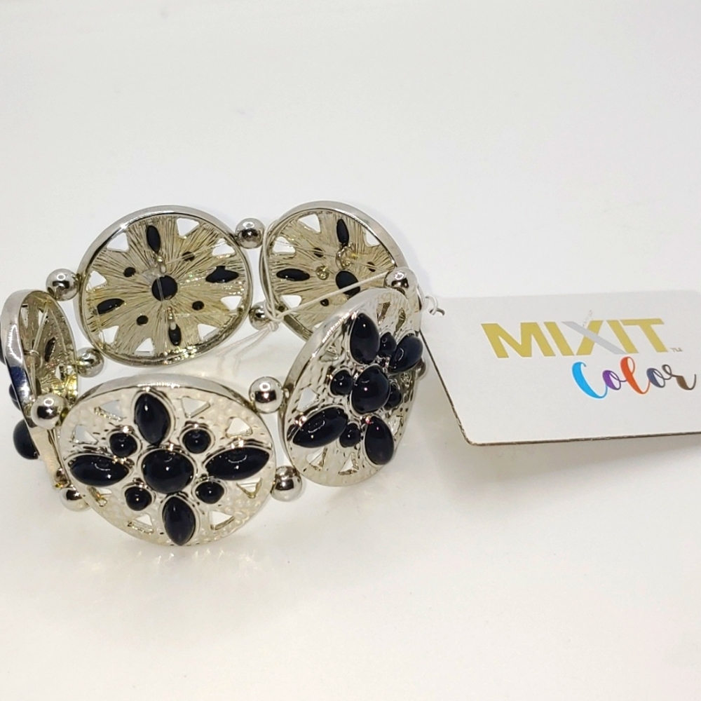 Mixit Color Wide-Stretch Bracelet Round Silver Tone Black Embedded Stones